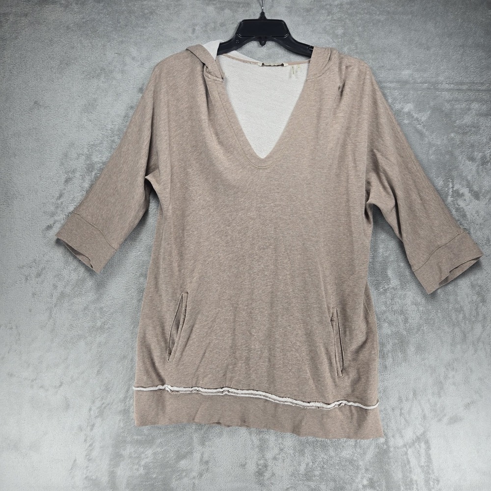 Soft Surroundings Medium Terry Cloth Hoodie Tunic‎ Sweatshirt Beige 3/4 Sleeve